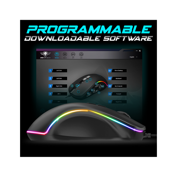 Spirit of Gamer ELITE-M30 (Optikai, 12800DPI, 10 gomb programozható, RGB, harisnyázott kábel) fekete egér