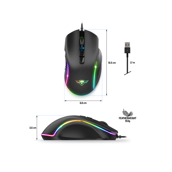 Spirit of Gamer ELITE-M30 (Optikai, 12800DPI, 10 gomb programozható, RGB, harisnyázott kábel) fekete egér