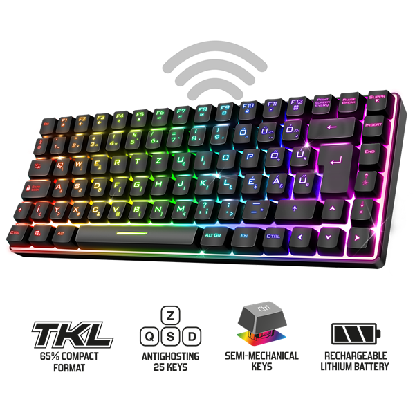 Spirit of Gamer ELITE K70 (TKL, 85 gomb,, RGB LED,USB, anti-ghost, fekete, magyar) vezeték nélküli billentyűzet