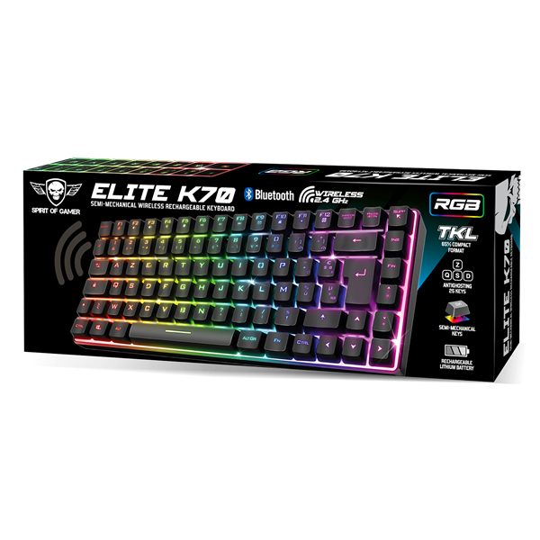 Spirit of Gamer ELITE K70 (TKL, 85 gomb,, RGB LED,USB, anti-ghost, fekete, magyar) vezeték nélküli billentyűzet