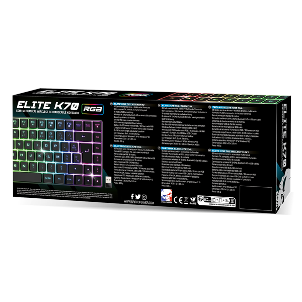 Spirit of Gamer ELITE K70 (TKL, 85 gomb,, RGB LED,USB, anti-ghost, fekete, magyar) vezeték nélküli billentyűzet