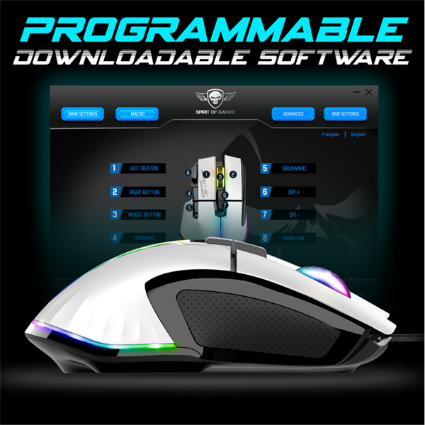 Spirit of Gamer PRO-M5 Arctic (Optikai, 12800DPI, 1000Hz, 8 gomb, harisnyázott kábel) fehér egér