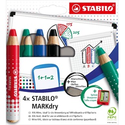 Stabilo MARKdry táblákhoz és flipchartokhoz 4db-os vastag színes táblaceruza készlet törlőkenővel és hegyezővel