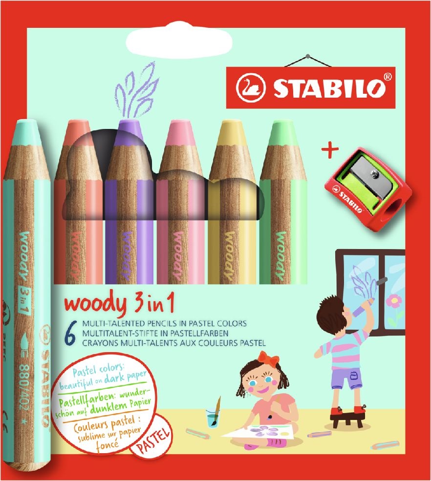 Stabilo woody 3in1 Pastel 6 db/csomag krétaceruza készlet hegyezővel