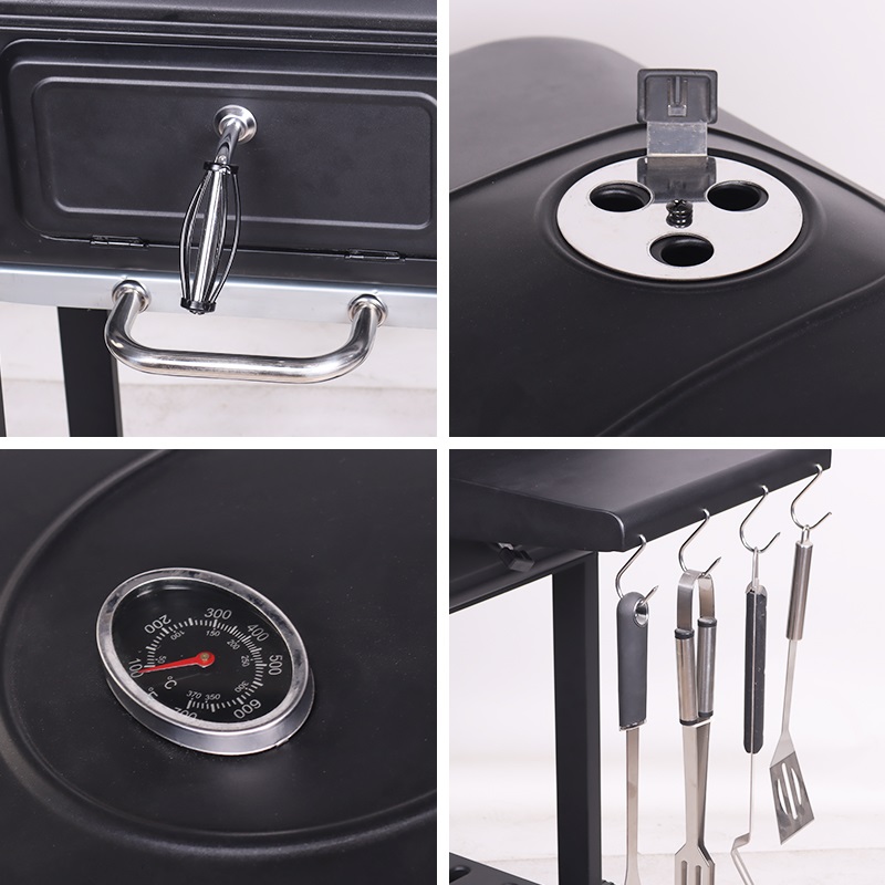 TOO BG-200B fekete BBQ faszenes grillkocsi két oldalsó asztallal