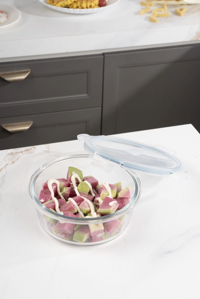 TOO KT-90 üveg 950 ml-es hőálló kerek ételtároló csatolható műanyag tetővel
