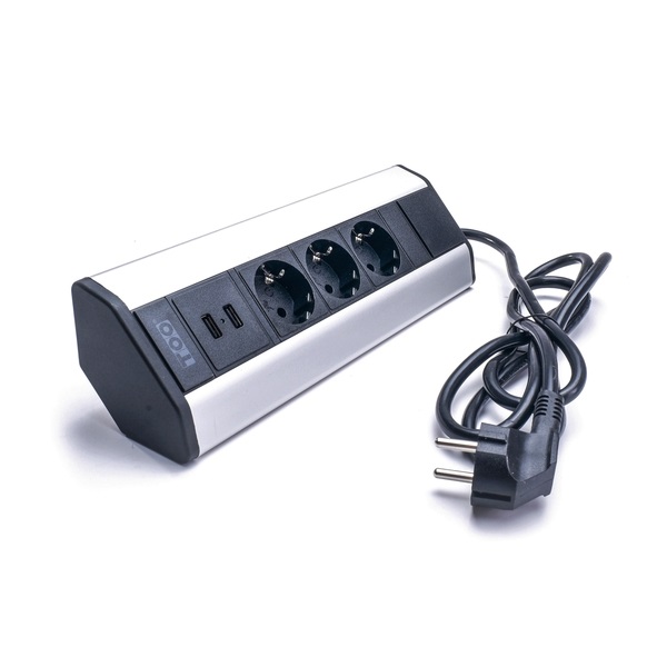 TOO VPS-315-3S IP20, 3x 2P+F, 2x USB-A, ezüst asztalra rögzíthető elosztó (Újszerű)
