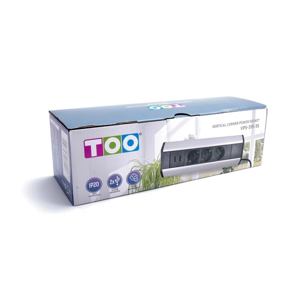 TOO VPS-315-3S IP20, 3x 2P+F, 2x USB-A, ezüst asztalra rögzíthető elosztó (Újszerű)