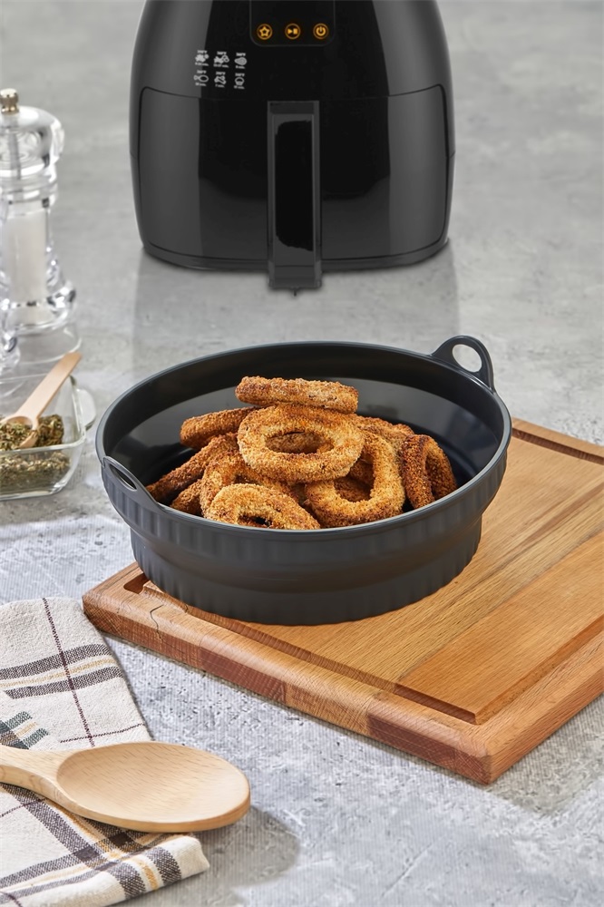 TOO összecsukható kerek szilikon forma forrólevegős sütőhöz (air fryer) 21cm átmérő, szürke, fekete vagy piros SL-3252