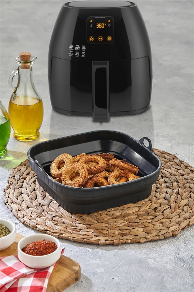 TOO összecsukható négyzetes szilikon forma forrólevegős sütőhöz (air fryer) 21cm*21cm, szürke, fekete vagy piros SL-3251