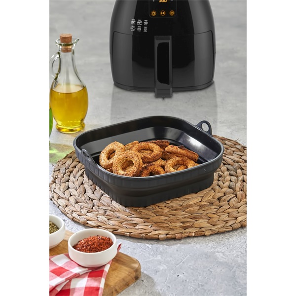 TOO összecsukható négyzetes szilikon forma forrólevegős sütőhöz (air fryer) 21cm*21cm, szürke, fekete vagy piros SL-3251