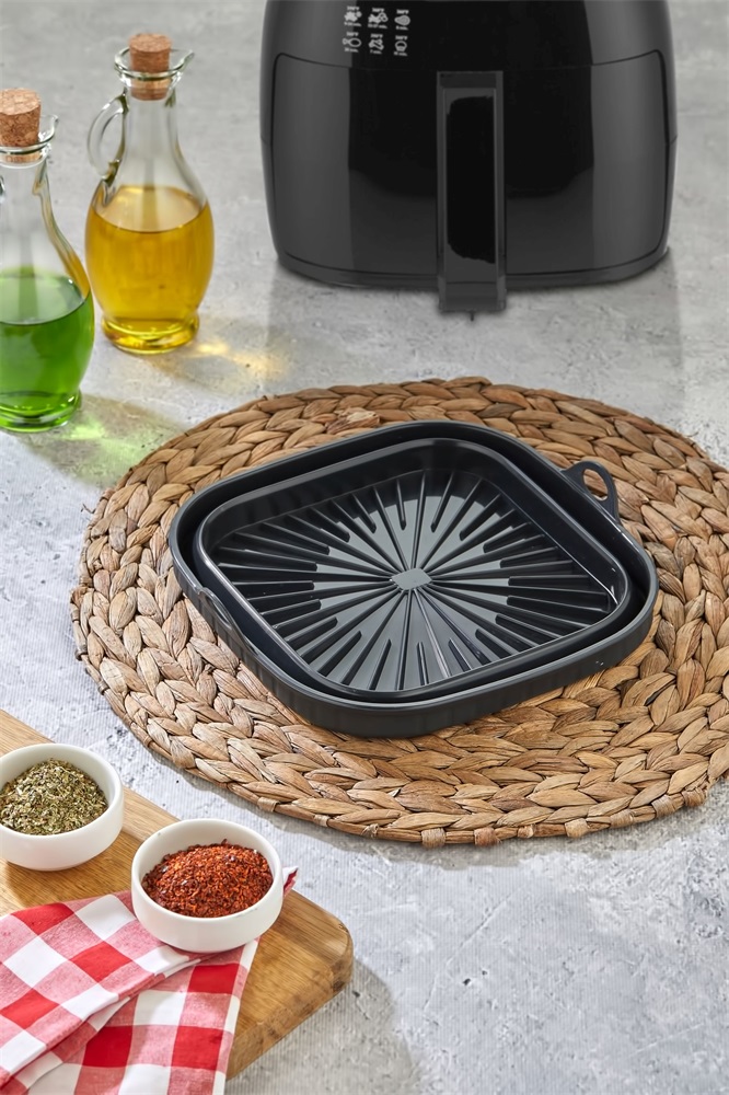 TOO összecsukható négyzetes szilikon forma forrólevegős sütőhöz (air fryer) 21cm*21cm, szürke, fekete vagy piros SL-3251