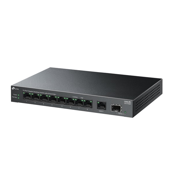 TP-Link LS1210GP 8xGbE PoE+ LAN 1xGbE LAN 1xGbE SFP port nem menedzselhető asztali PoE Switch