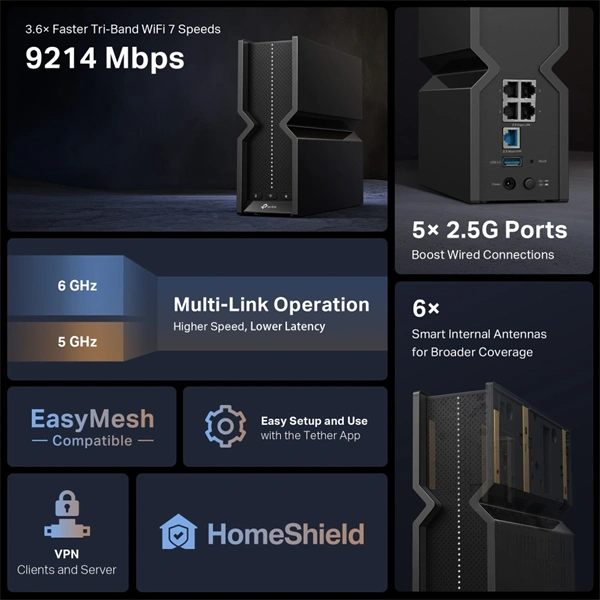 TP-LINK Archer BE550 BE9300 három sávos fekete Wi-Fi 7 router