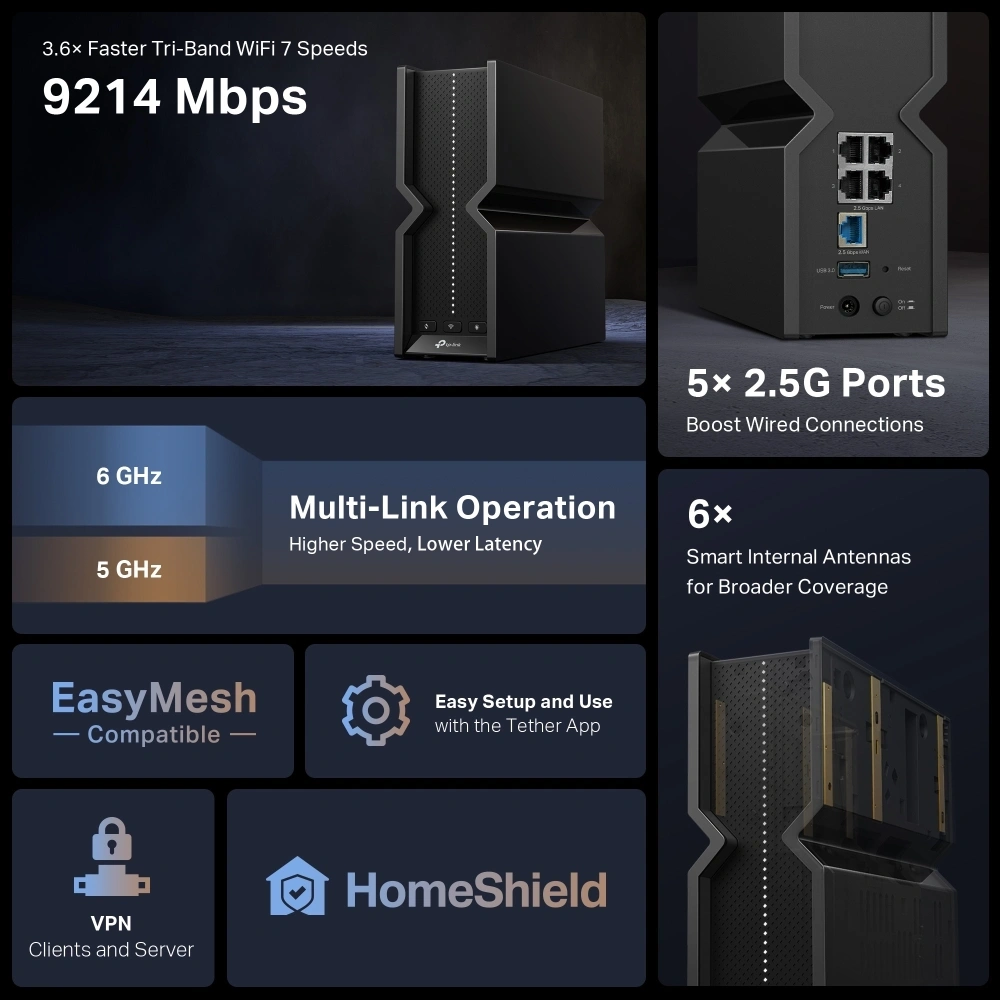 TP-LINK Archer BE550 BE9300 három sávos fekete Wi-Fi 7 router