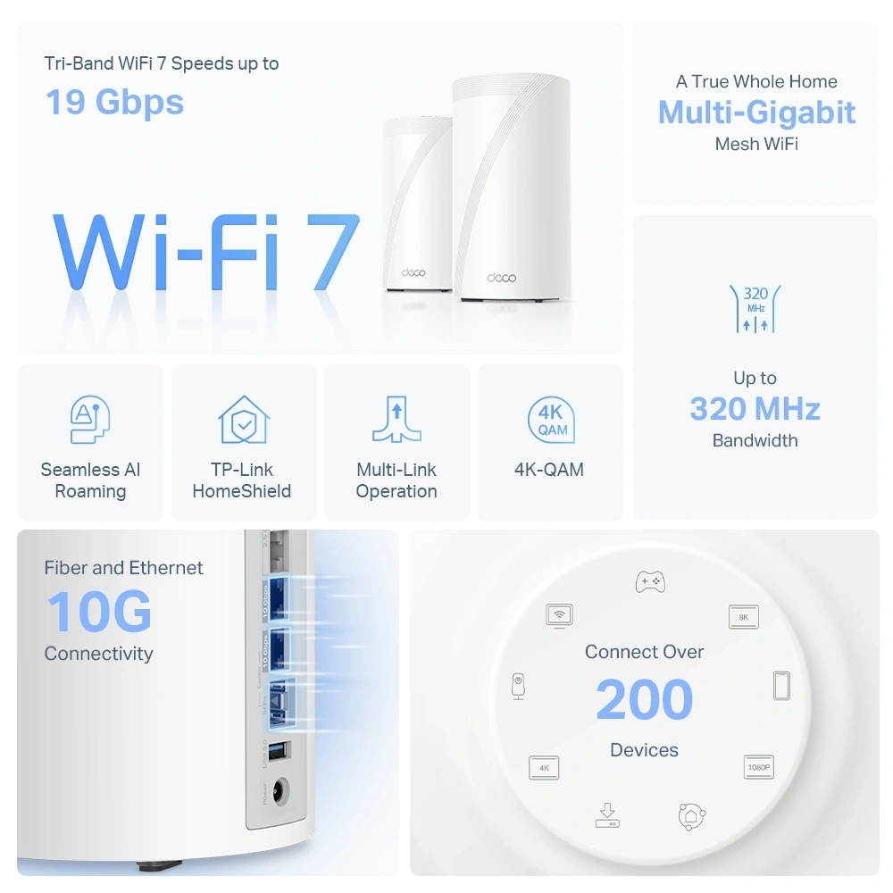TP-LINK Deco BE85(2-pack) BE19000 2db - fehér háromsávos otthoni mesh Wi-Fi 7 rendszer
