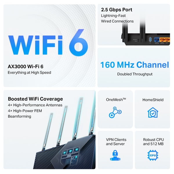 TP-Link Archer AX55 Pro AX3000 fekete multi-Gigabit Wi-Fi 6 router