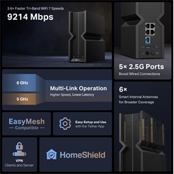 TP-Link Archer BE550 BE9300 fekete háromsávos Wi-Fi 7 router