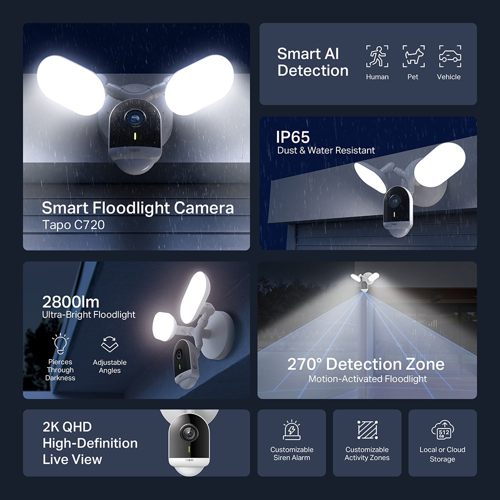 TP-Link Tapo C720 2K QHD, IP65, NightVision fényszórós fehér biztonsági kamera