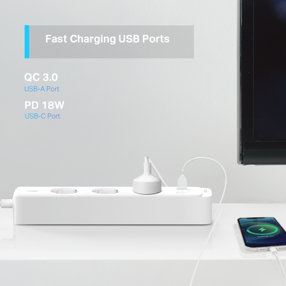 TP-Link Tapo P300 2db USB-A/1db USB-C fehér okos Wi-Fi-s túlfeszültségvédő hosszabbító