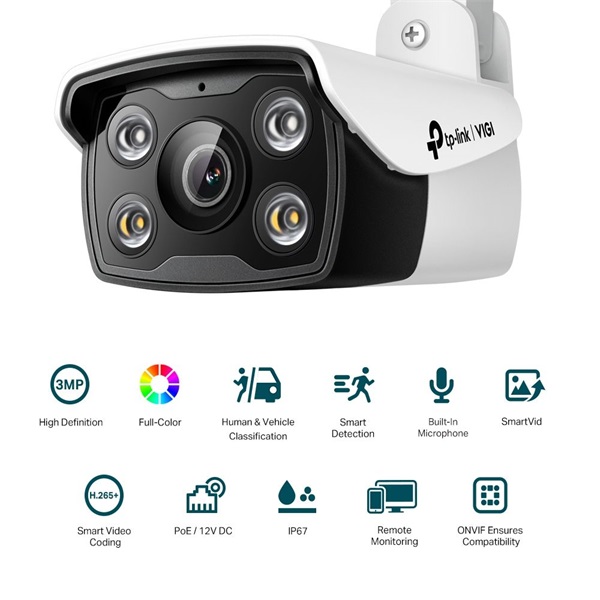TP-Link VIGI C330 /3MP/2,8mm/kültéri/H265/IR30m/Smart Detection/beépített mikrofon/Full-Color IP csőkamera