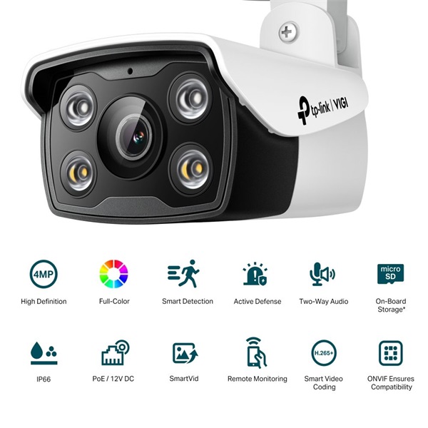 TP-Link VIGI C340 /4MP/6mm/kültéri/H265/IR30m/SD/Smart Detection/kétirányú hang/Full-Color IP csőkamera