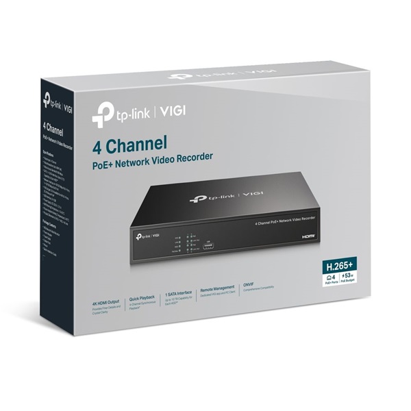 TP-Link VIGI NVR1004H-4P-2TB /4 csatorna/H265+/80Mbps rögzítés/Beépített 2TB HDD/4x PoE+ (53W) hálózati rögzítő (NVR)