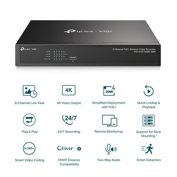 TP-Link VIGI NVR1008H-8MP /8 csatorna/H265/80Mbps rögzítés/1x SATA/8x PoE+ hálózati rögzítő (NVR)