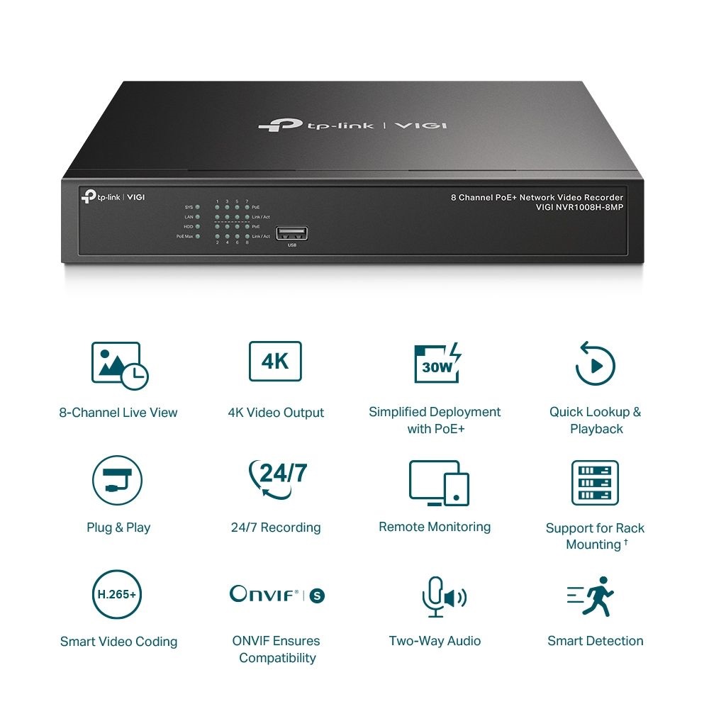 TP-Link VIGI NVR1008H-8MP /8 csatorna/H265/80Mbps rögzítés/1x SATA/8x PoE+ hálózati rögzítő (NVR)