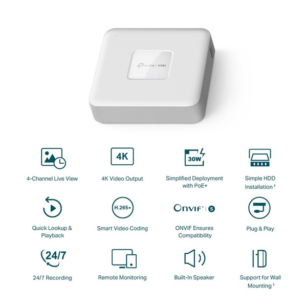 TP-Link VIGI NVR1104H-4P /4 csatorna/H265/80Mbps rögzítés/1x SATA/4x PoE+ hálózati rögzítő (NVR)