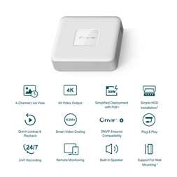 TP-Link VIGI NVR1104H-4P /4 csatorna/H265/80Mbps rögzítés/1x SATA/4x PoE+ hálózati rögzítő (NVR)