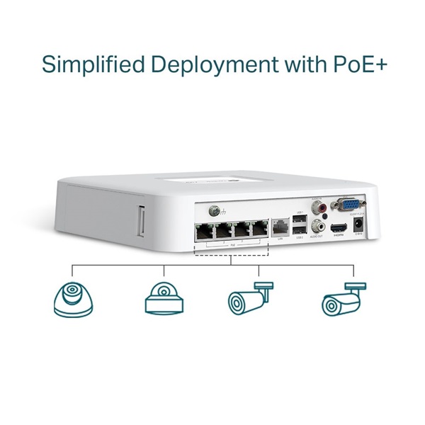 TP-Link VIGI NVR1104H-4P /4 csatorna/H265/80Mbps rögzítés/1x SATA/4x PoE+ hálózati rögzítő (NVR)