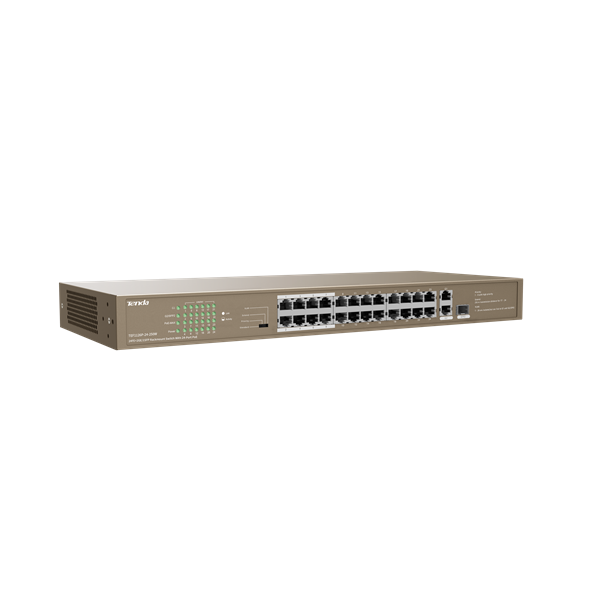 Tenda TEF1126P-24-250W 24xFE PoE LAN 2xGbE LAN 1xSFP port nem menedzselhető PoE switch