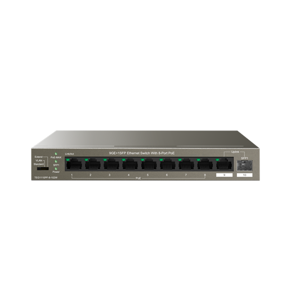 Tenda TEG1110PF-8-102W 8xGbE PoE LAN 1xGbE LAN 1xSFP port nem menedzselhető asztali PoE switch