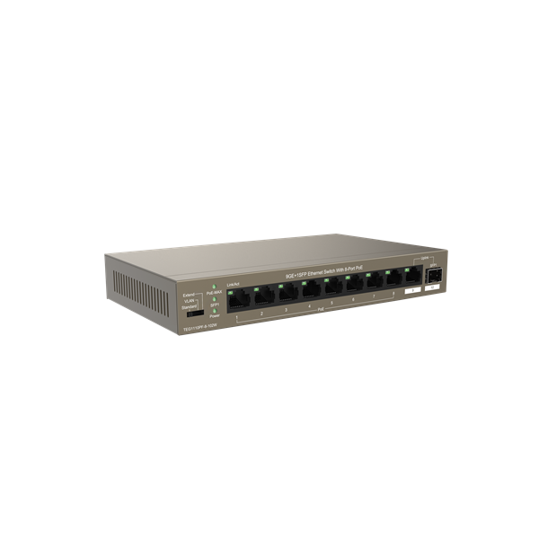 Tenda TEG1110PF-8-102W 8xGbE PoE LAN 1xGbE LAN 1xSFP port nem menedzselhető asztali PoE switch