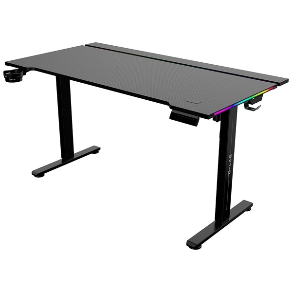 The G-Lab K DESK PLATINIUM (140x75cm, fém, pohár, fejhallgatótartó, motoros magasság áll., RGB) fekete gamer asztal