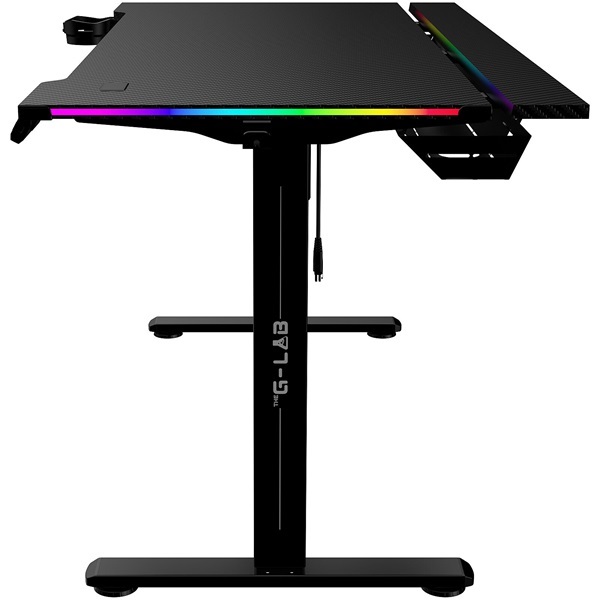 The G-Lab K DESK PLATINIUM (140x75cm, fém, pohár, fejhallgatótartó, motoros magasság áll., RGB) fekete gamer asztal