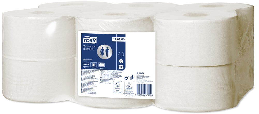 Tork Advanced T2 120280 Mini Jumbo 2rétegű fehér 12tekercs közületi toalettpapír