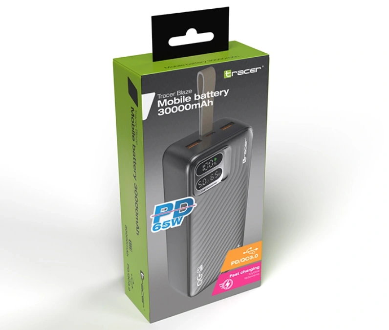 Tracer Blaze 30 000 mAh PD 65W Quick Charge 3.0 fekete hordozható power bank