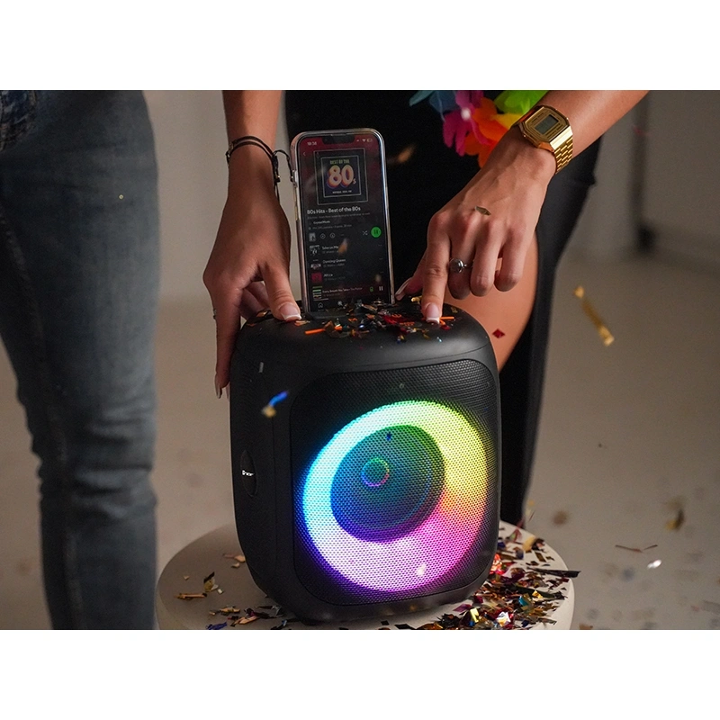 Tracer Cube20, 20W, TWS, RGB LED, FM rádió, karaoke, fekete hordozható hangszóró