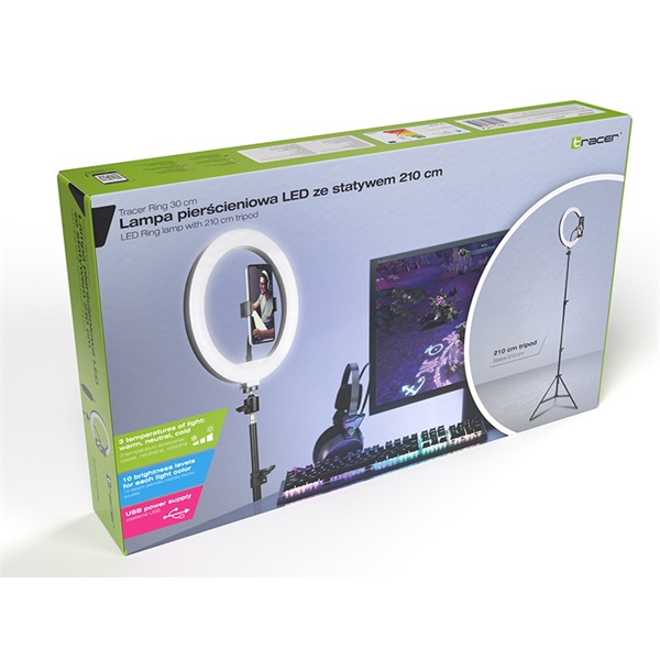 Tracer TRAOSW46745 Ring Light 15 W/30 cm/900-1700 lm/gyűrűs LED lámpa normál állvánnyal (Újracsomagolt)
