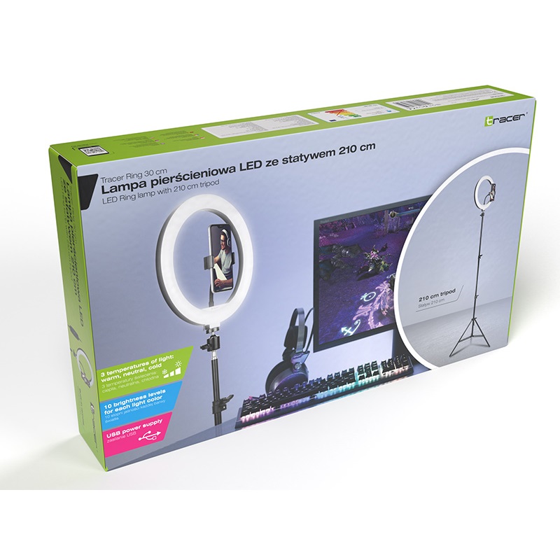 Tracer TRAOSW46745 Ring Light 15 W/30 cm/900-1700 lm/gyűrűs LED lámpa normál állvánnyal (Újracsomagolt)