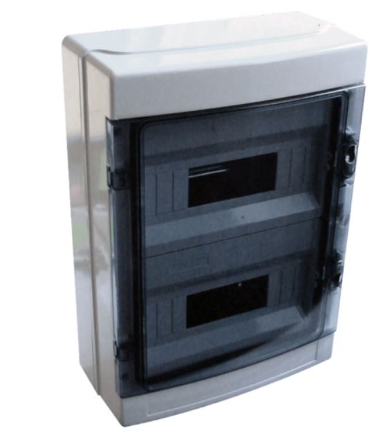 Tracon EDFKIP65-12/2  2×12 mod/ H×W×D=415×300×140mm/ IP65/ 660V AC átlátszó ajtóva/ N/PE sínnel falon kívüli