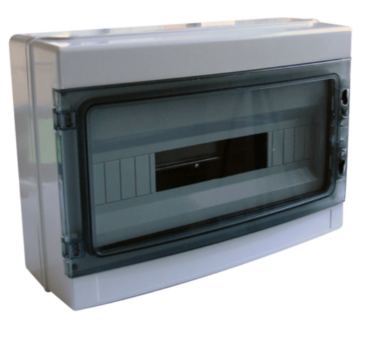 Tracon EDFKIP65-18/1  1×18 mod/ H×W×D=285×410×140mm/ IP65/ 660V AC átlátszó ajtóva/ N/PE sínnel falon kívüli