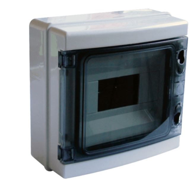 Tracon EDFKIP65-8/1 1×8 mod/ H×W×D=210×215×100mm/ IP65/ 660V AC átlátszó ajtóva/ N/PE sínnel falon kívüli e