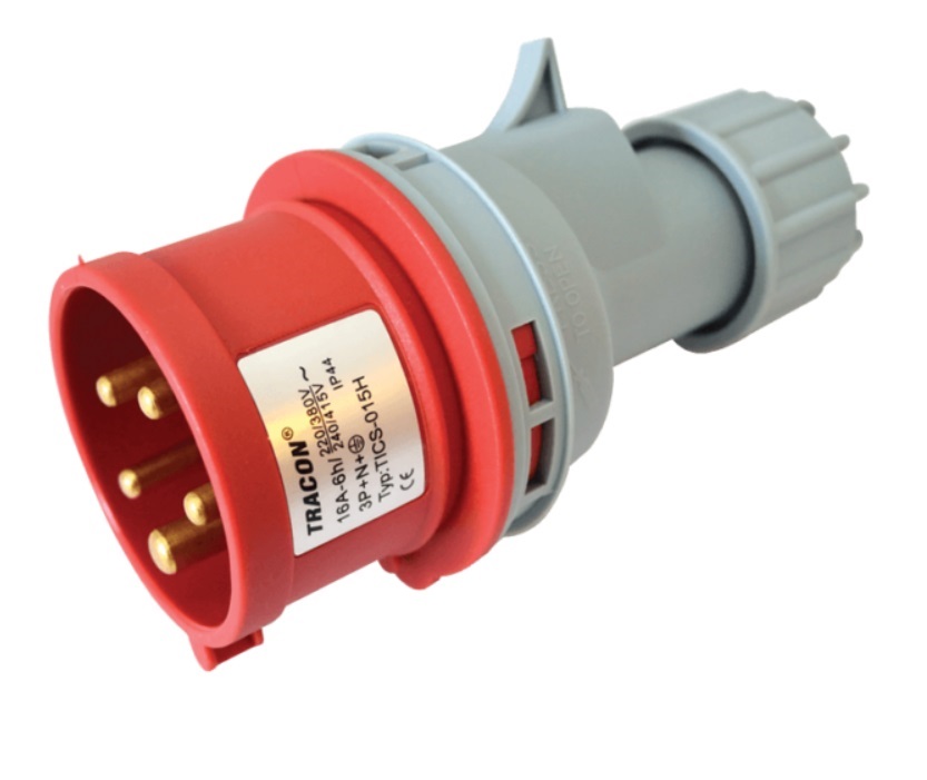 Tracon TICS-015H 16A/ 400V/ 3P+N+E/ 6h/ IP44 külső tömítőszelencével ipari csatlakozó dugó