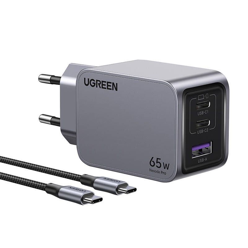 UGREEN Nexode Pro 65W USB/2xUSB-C fekete hálózati töltő + Type-C kábel