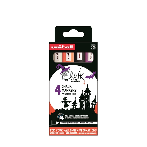Uni Chalk NI PWE-5M Halloween 4db-os folyékony krétafilc készlet (fehér, fekete, fl narancs, lila)