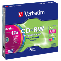 VERBATIM 43167 CD-RW 700MB/12x/színes írható felület/újraírható slim CD 5db/csomag