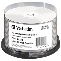 VERBATIM 43738 BD-R 25GB/egyrétegű/6x/nyomtatható felület/egyszer írható Blu-Ray 25db/csomag
